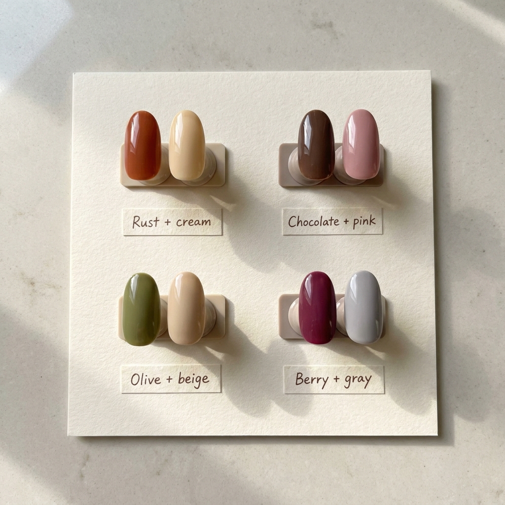 Fall color pairs combine rust and cream, chocolate and pink, olive and beige, and berry and gray.