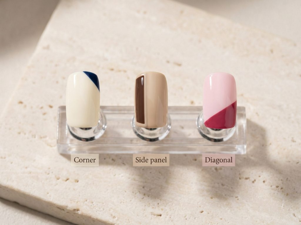 Three color-block placements leave space around the detail on short nails.