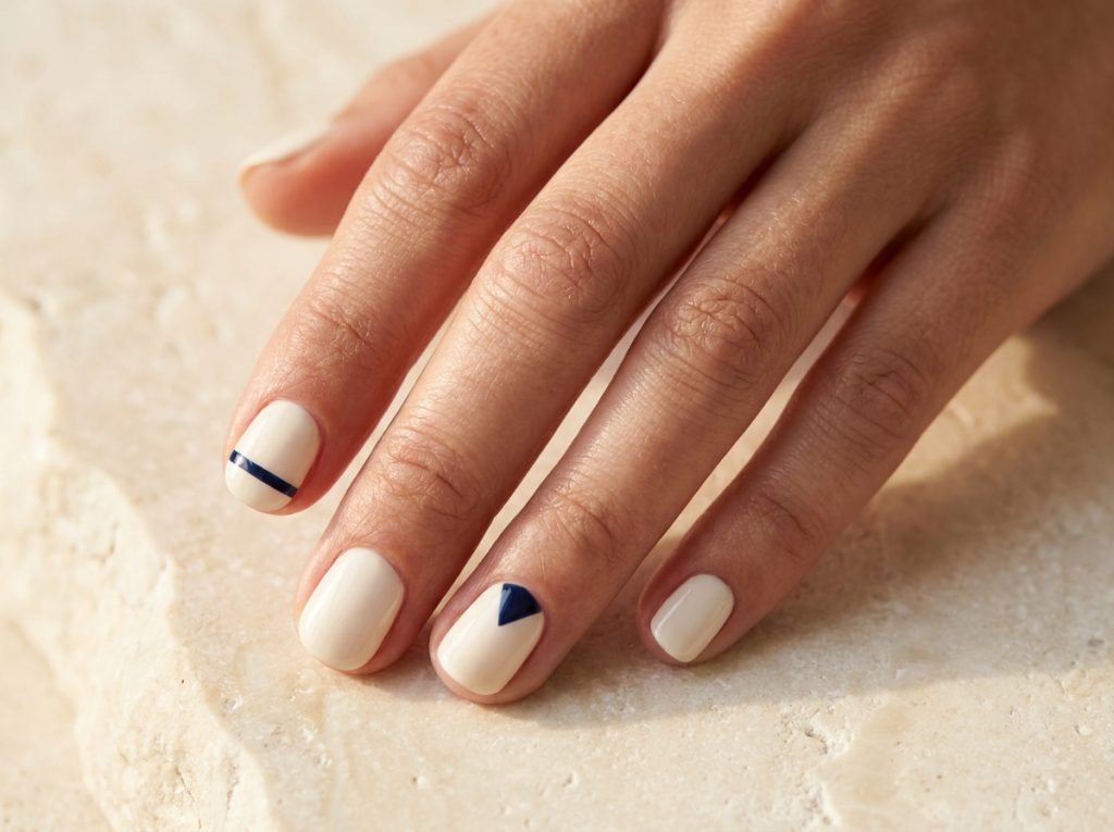 A shallow navy tip and a small navy corner accent short cream nails.