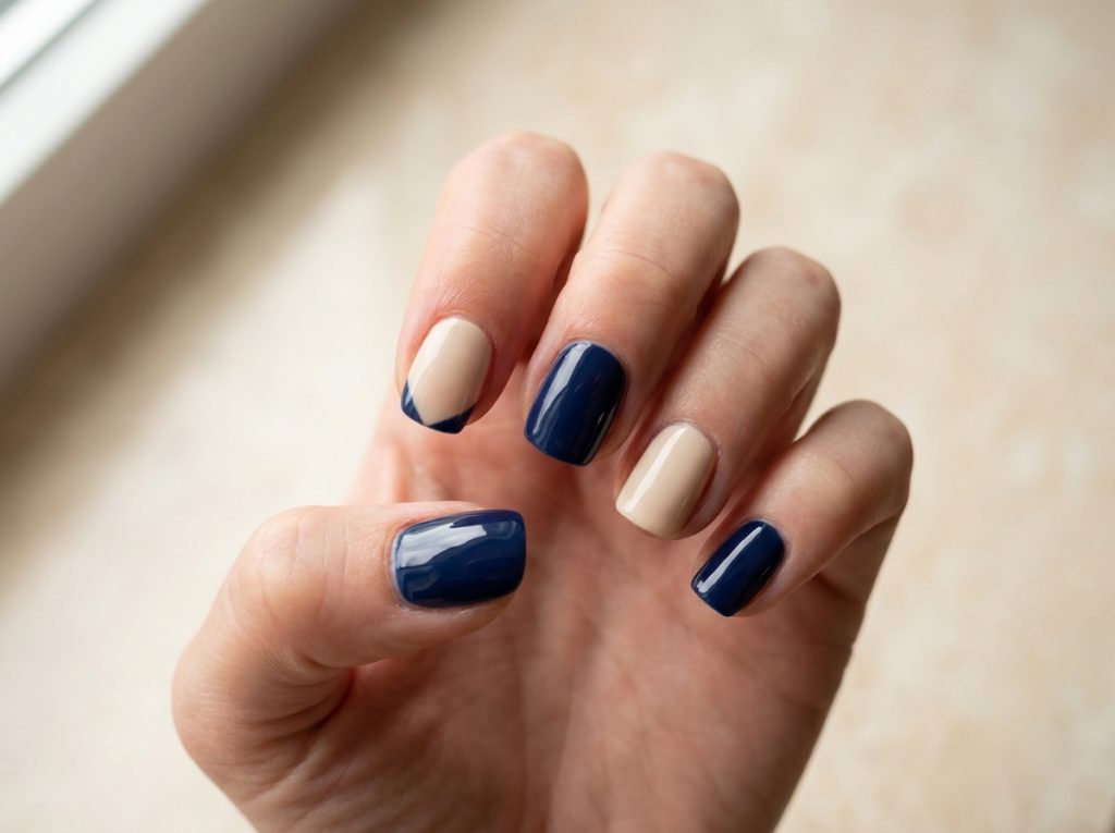 Cream and navy nails alternate, with a navy diagonal corner on one cream nail.