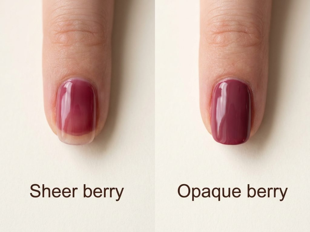 An illustrative comparison shows translucent berry lacquer beside opaque berry coverage.