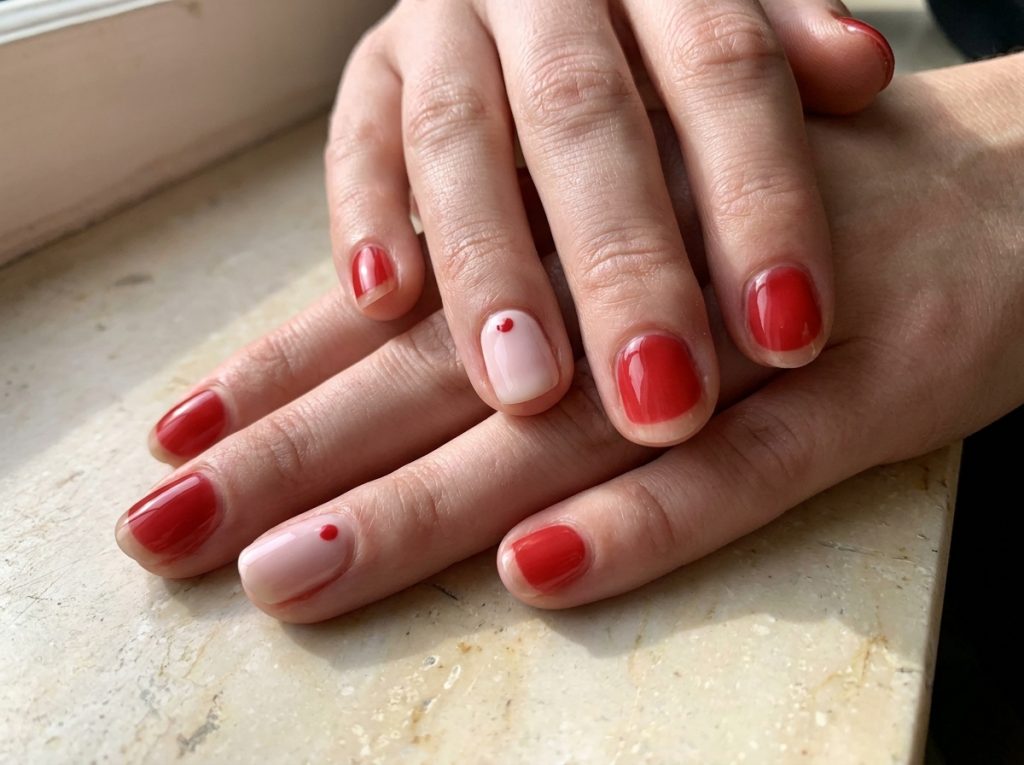 Translucent red nails pair with a pale-pink accent and one red dot.