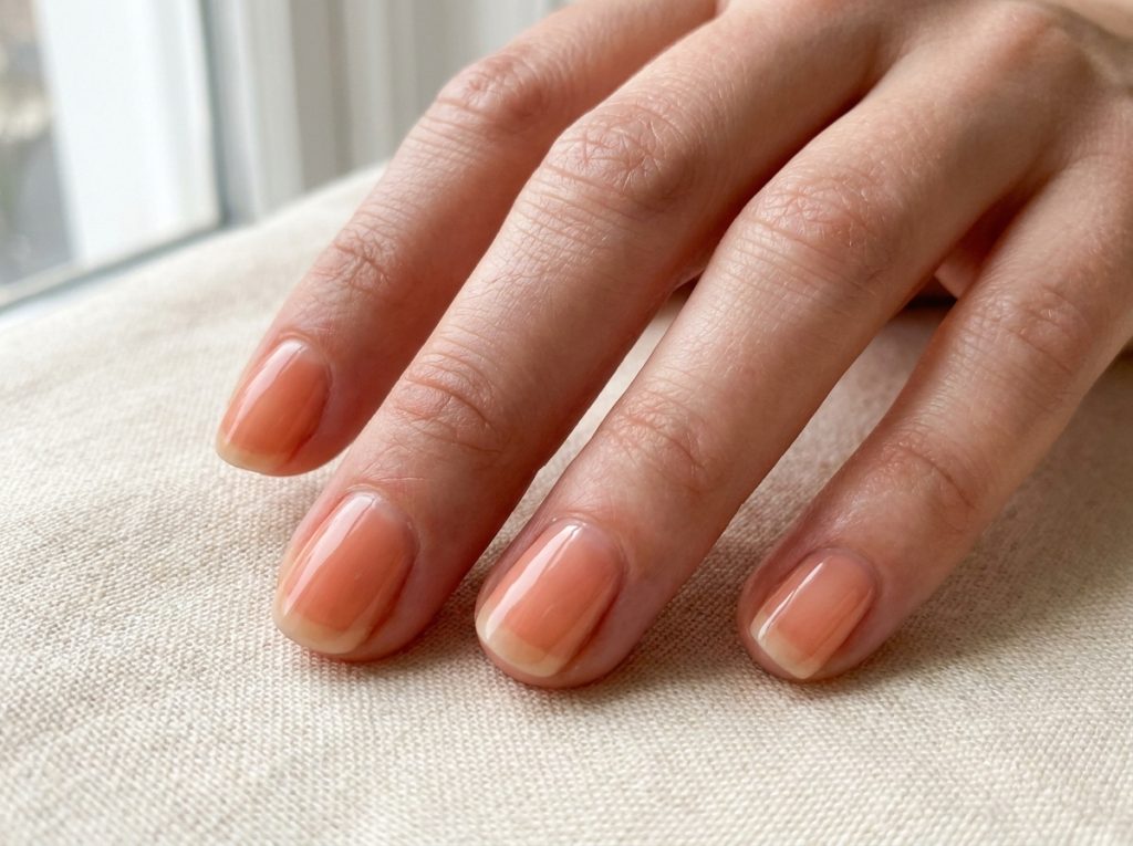 Short peach jelly-look nails retain softly visible natural free edges.