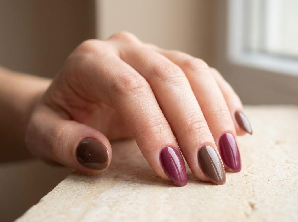 Alternating chocolate and berry nails create a rich glossy manicure.