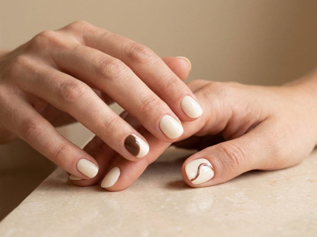 A rounded chocolate side block and a fine thumb wave decorate cream nails.