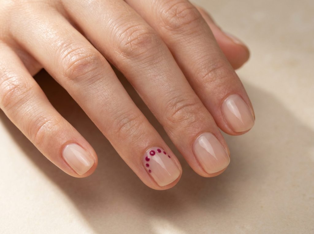 Separate berry dots trace a shallow curve on a neutral accent nail.