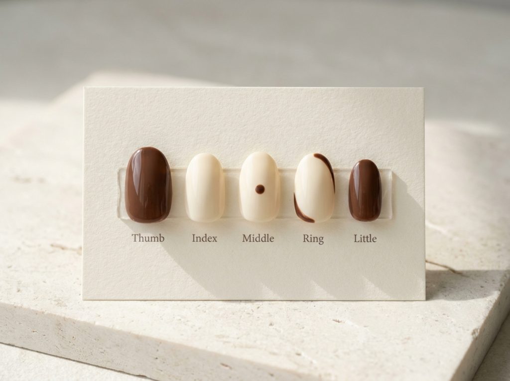 A five-nail plan balances chocolate ends with cream, a dot and a short side arc.