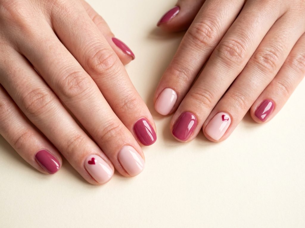 Pink and berry nails use tiny heart accents on different fingers of each hand.