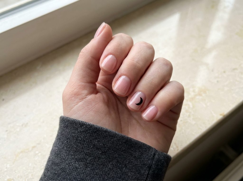 A tiny black crescent adds a Halloween detail to sheer pink nails.