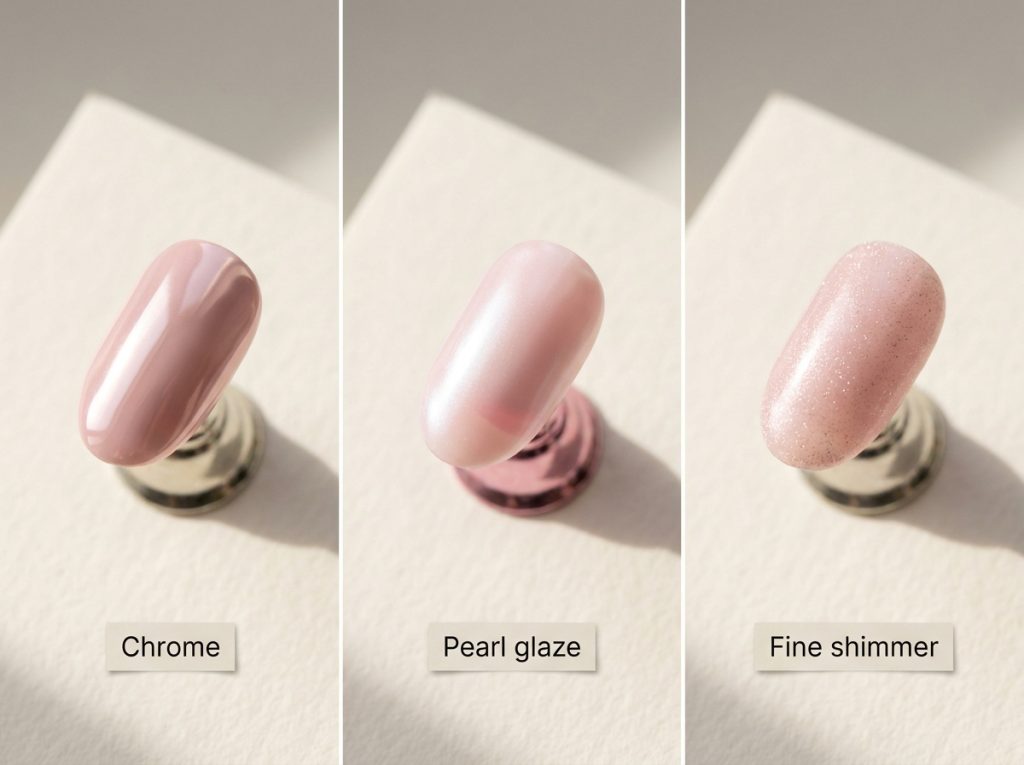 Illustrative comparison of mirror-like chrome, soft pearl glaze and visible shimmer.