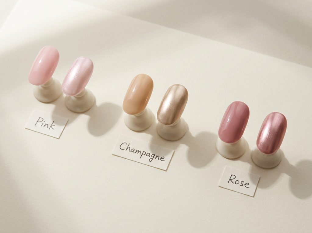Plain and reflective nail samples compare pink, champagne and rose tones.