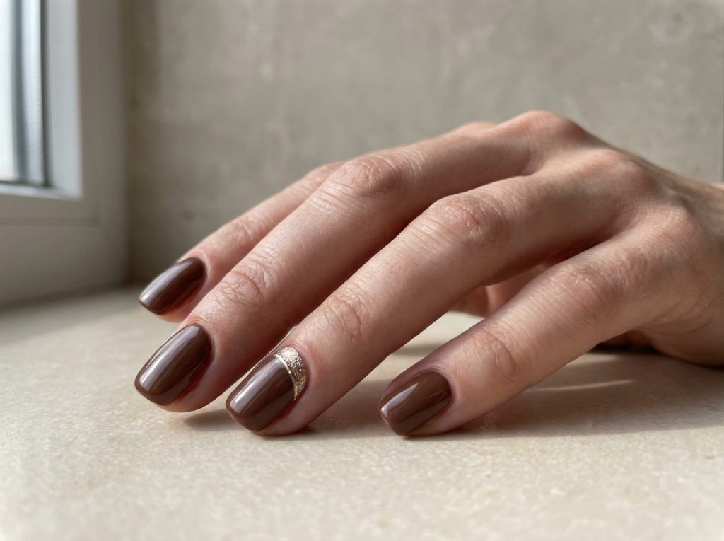 One reflective champagne nail brightens a glossy chocolate manicure.