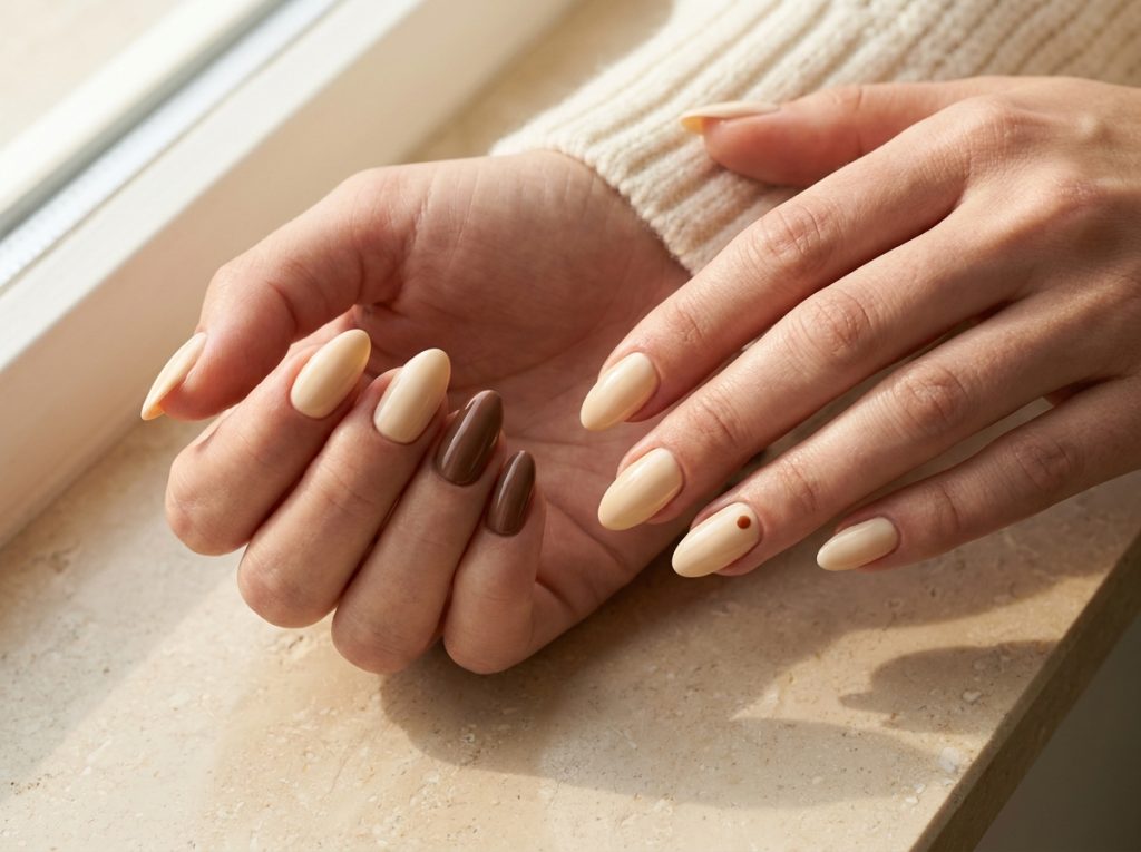 Warm cream nails pair with a chocolate accent and a small rust dot.