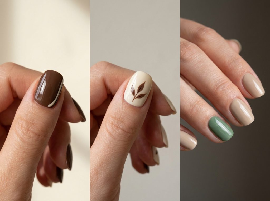A cream curve, a brown leaf and a muted green accent illustrate three fall details.