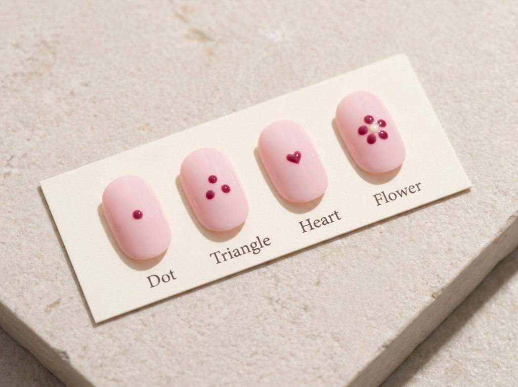 Berry dots, a tiny heart and a small flower demonstrate simple nail-art shapes.