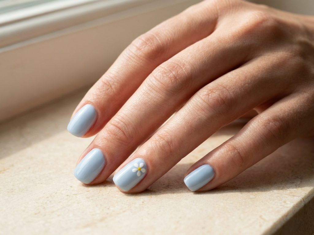 A white daisy with a yellow center decorates one pale-blue nail.