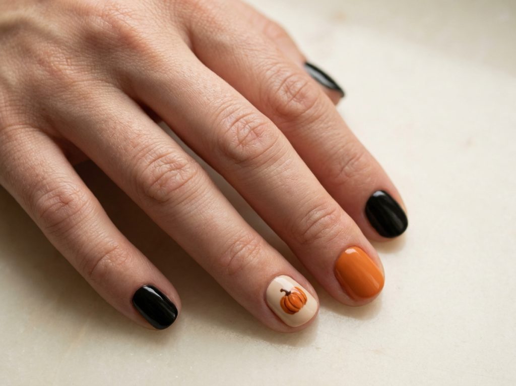A cream pumpkin accent pairs with orange and black on short rounded nails.