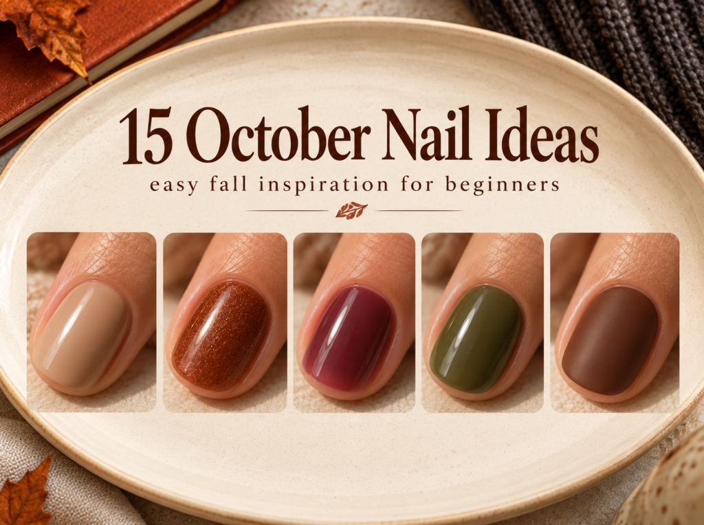 Five beginner-friendly October nail looks on a ceramic plate, including chai gloss, cinnamon shimmer, mulberry jelly, olive and oat, and a smoky lilac bat accent.