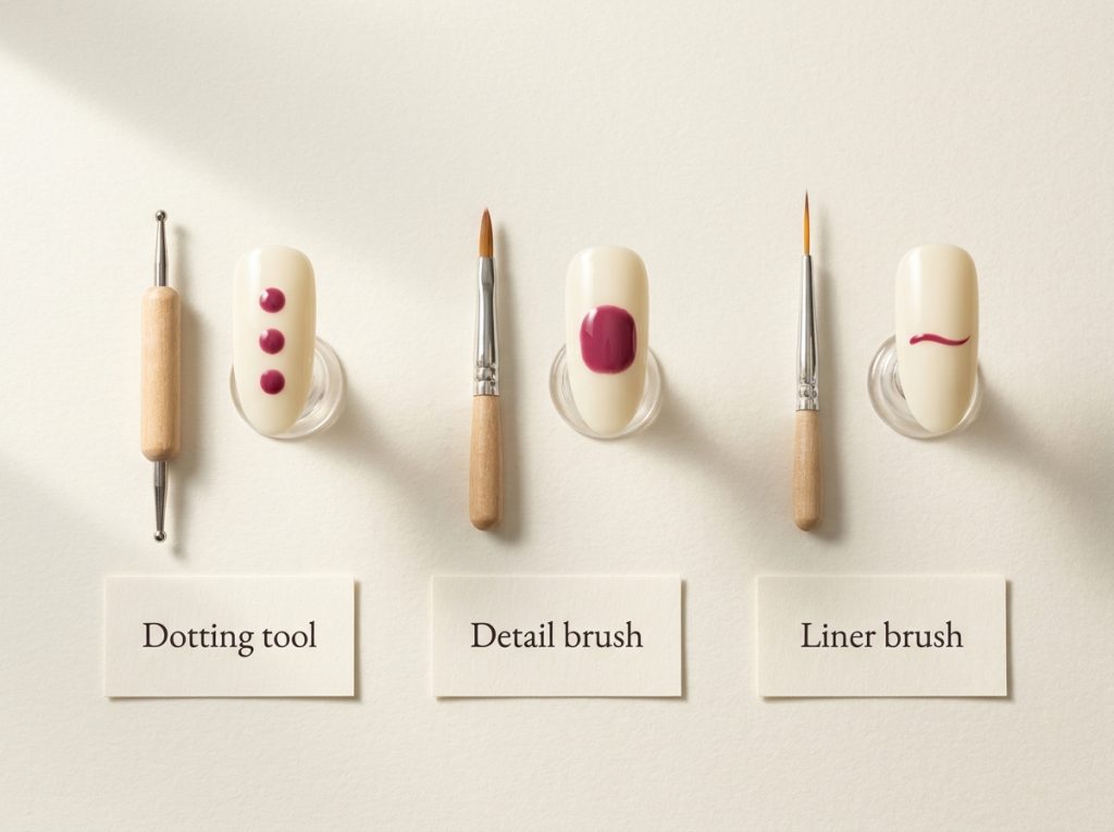 Tool-and-mark examples compare dots, a rounded painted patch and a fine curved stroke.