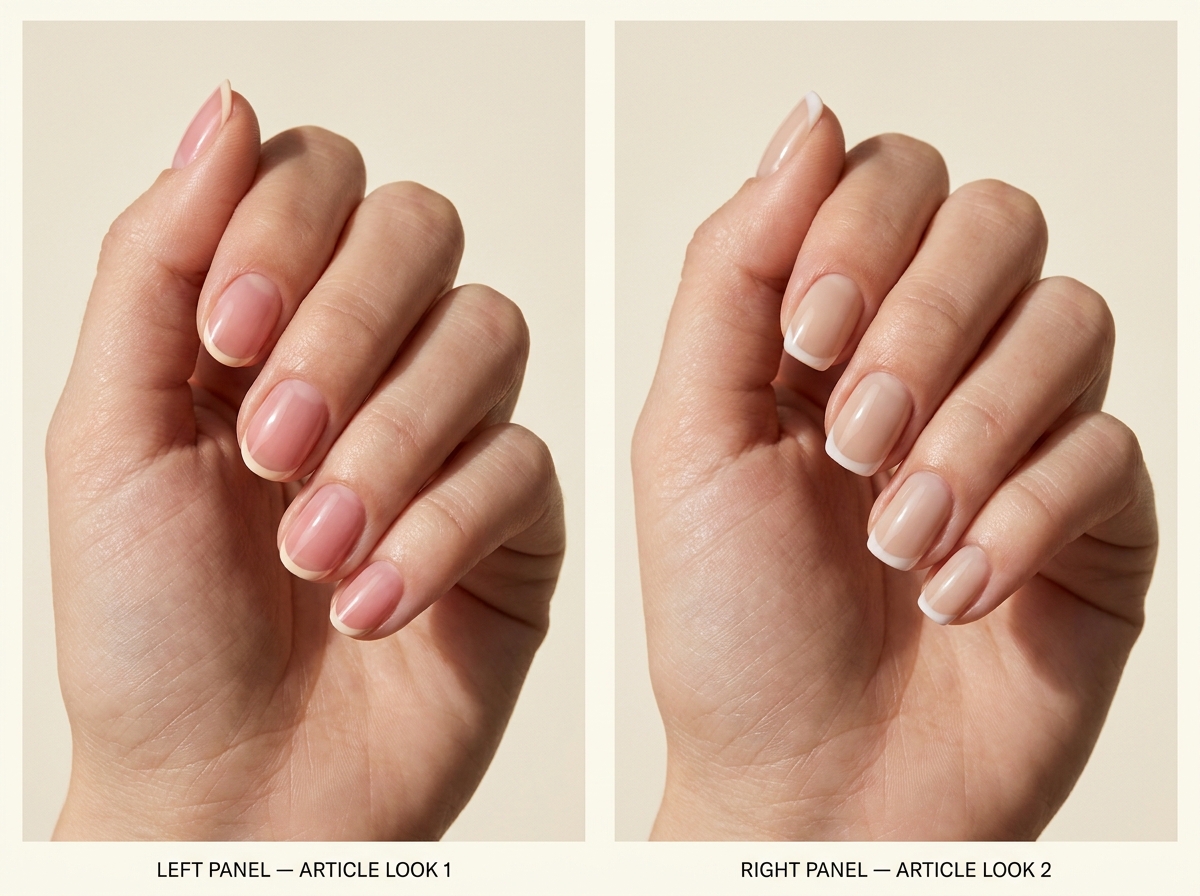 Left: Ivory micro French on rosy rounds. Right: Soft white French on beige squovals. Two manicure designs.