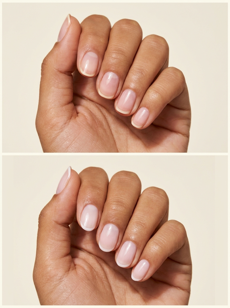 Top: Barely tinted base with cream edges. Bottom: Double-soft pink and white. Two manicure designs.