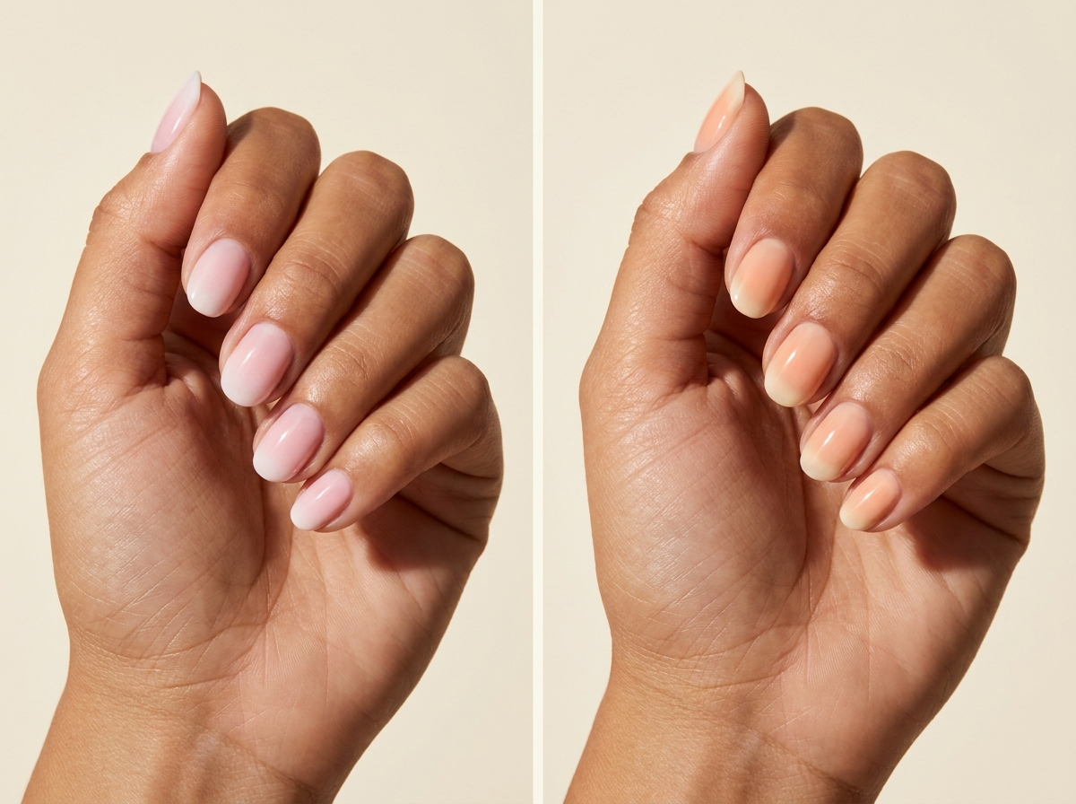 Left: Soft white baby-boomer fade. Right: Peach base with a blurred cream tip. Two manicure designs.