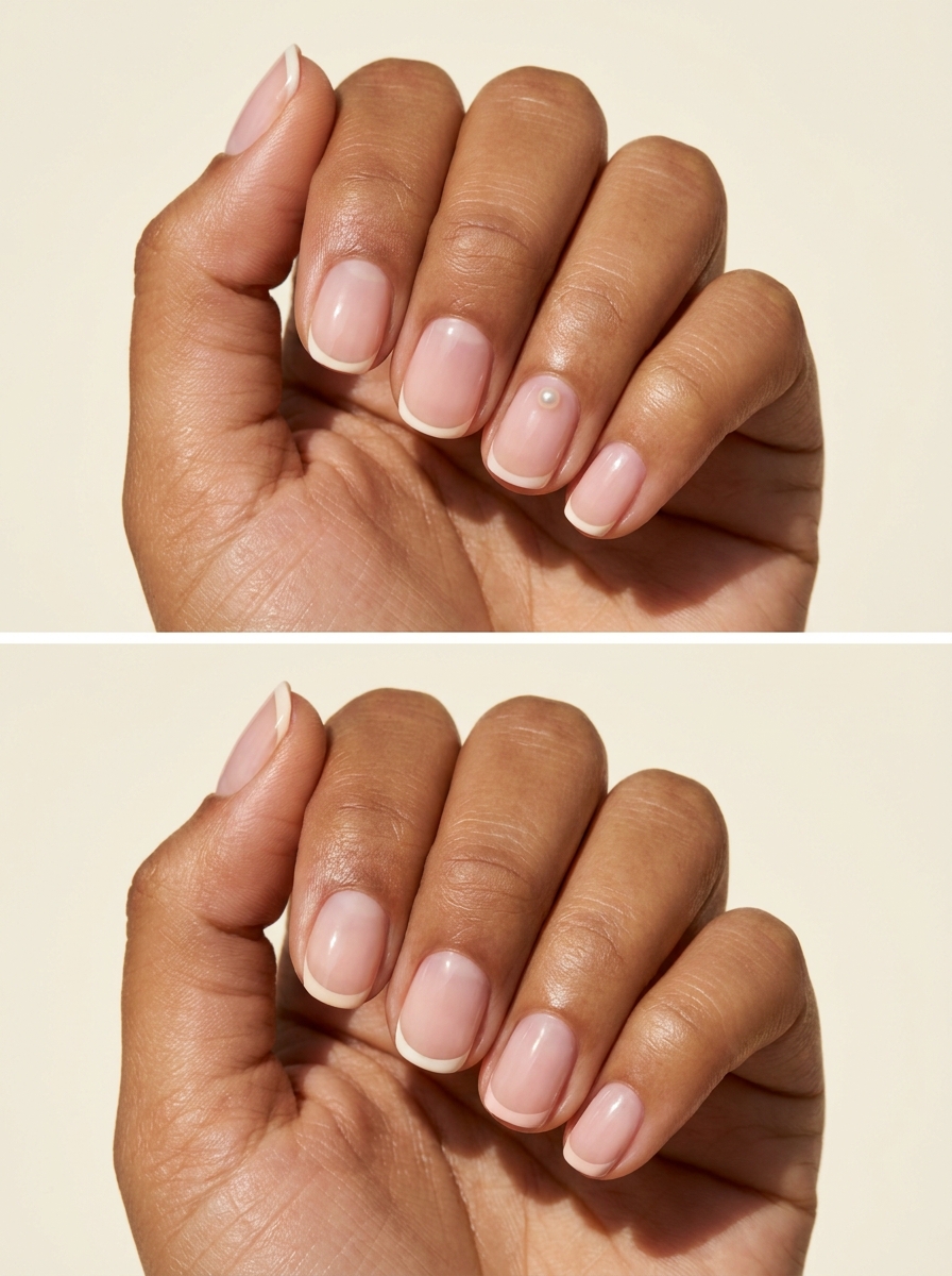 Top: French with a miniature pearl accent. Bottom: Alternating cream and blush tips. Two manicure designs.