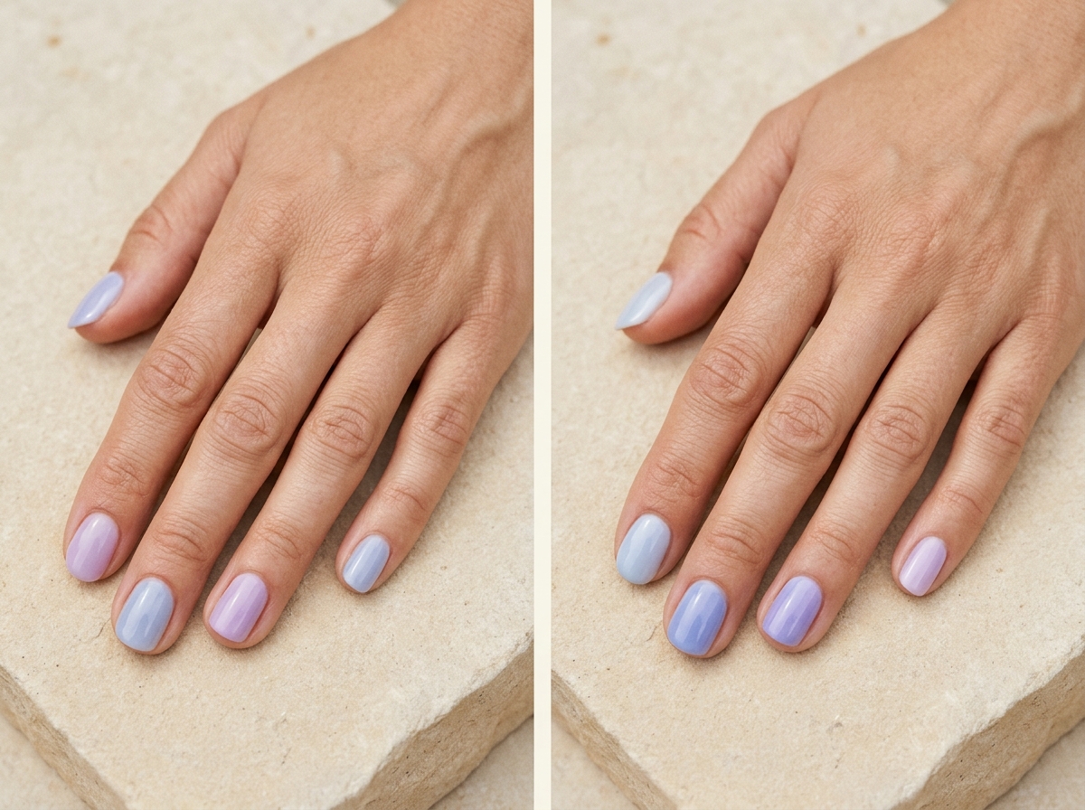 Alternating blueberry and lavender milk nails compared with a five-nail gradient of pale blue through periwinkle to lilac.
