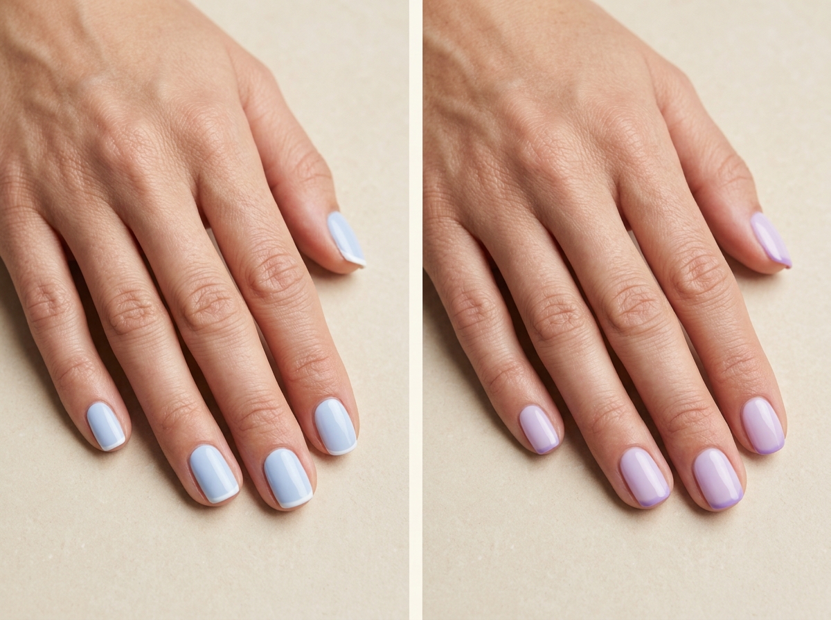 Short blueberry milk nails with fine white French tips beside lavender milk nails with slightly deeper lilac micro tips.