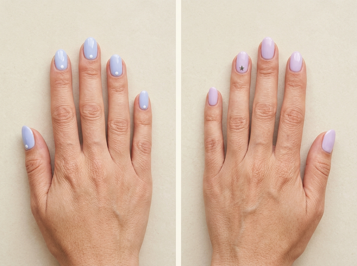 Blueberry milk nails with one tiny white dot each beside lavender milk nails with a single small flat silver star accent.