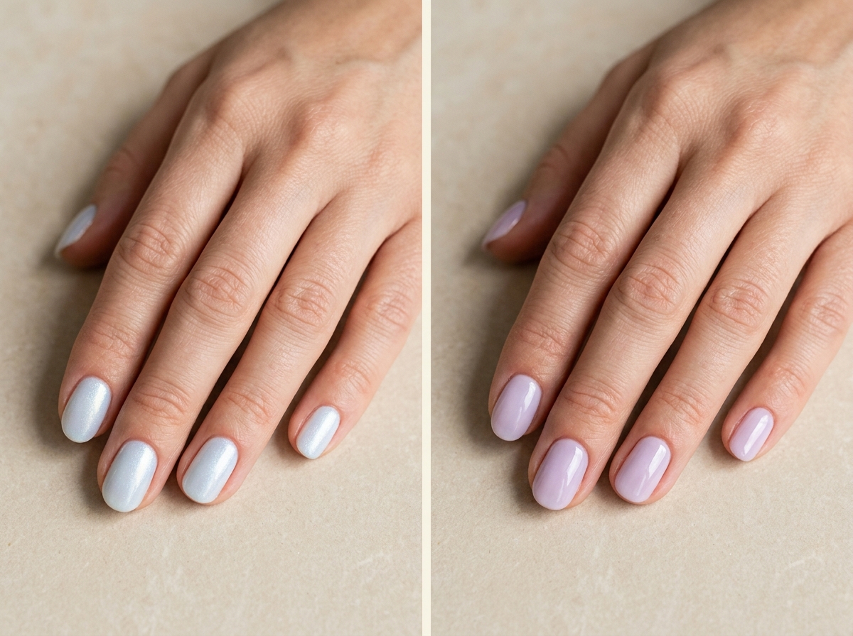 Pale blueberry milk manicure with fine pearl shimmer compared with lavender milk nails under a subtle lilac glaze.