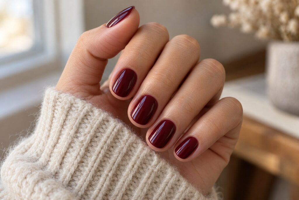 Illustrated burgundy manicure beside a cream knitted sleeve