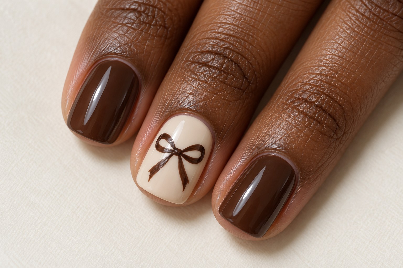 A small chocolate bow painted on a cream accent nail beside glossy brown nails.