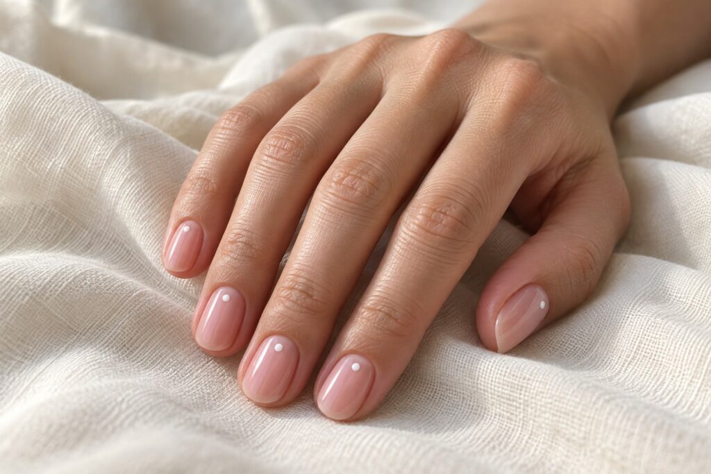 Illustrated sheer pink manicure with tiny white dot details