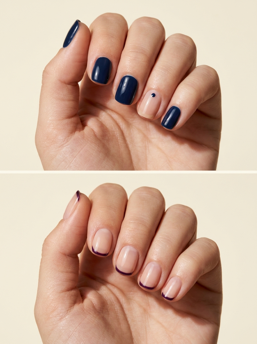 Top: Deep navy with a bare accent. Bottom: Aubergine micro French. Two manicure designs.