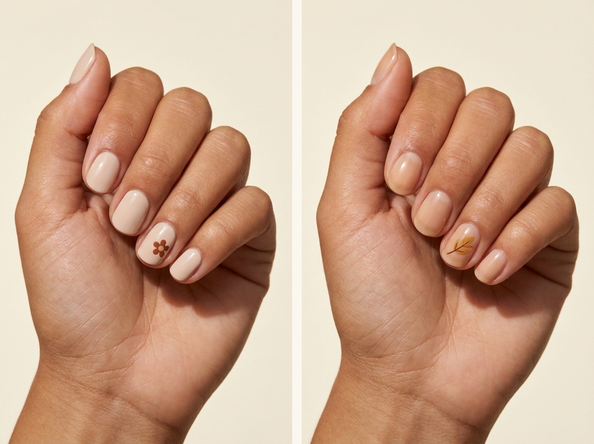 Left: Cinnamon dot flowers. Right: One fine ochre leaf. Two manicure designs.