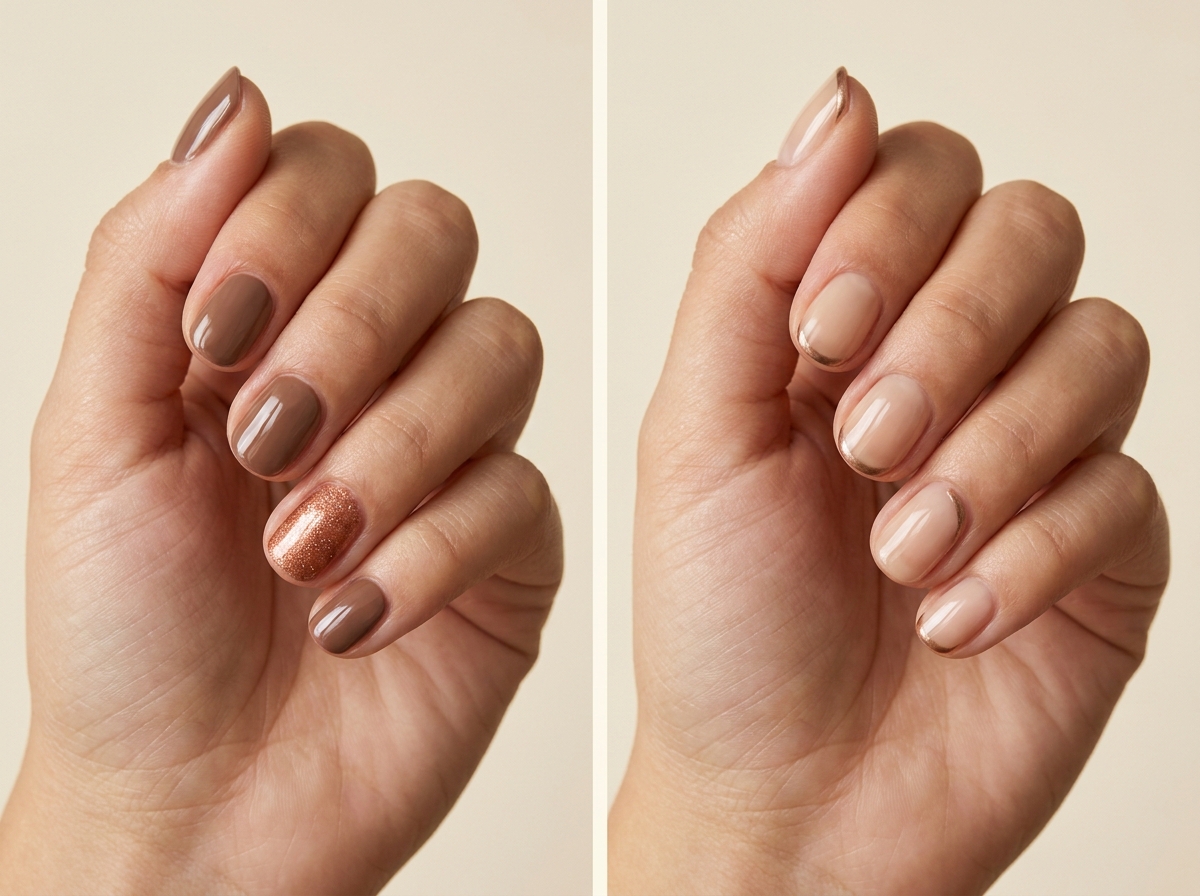 Left: Copper shimmer accent. Right: Bronze edge on sheer beige. Two manicure designs.
