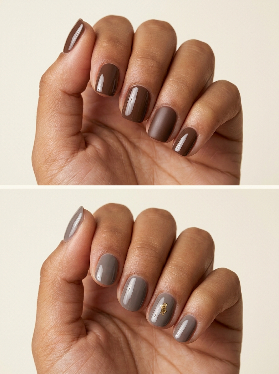Top: Chocolate with one satin accent. Bottom: Smoky taupe with a tiny gold fleck. Two manicure designs.