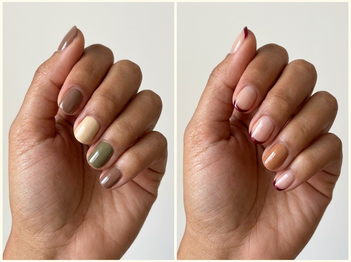 Left: Mocha, cream, and olive trio. Right: Burgundy tips with a caramel accent. Two manicure designs.