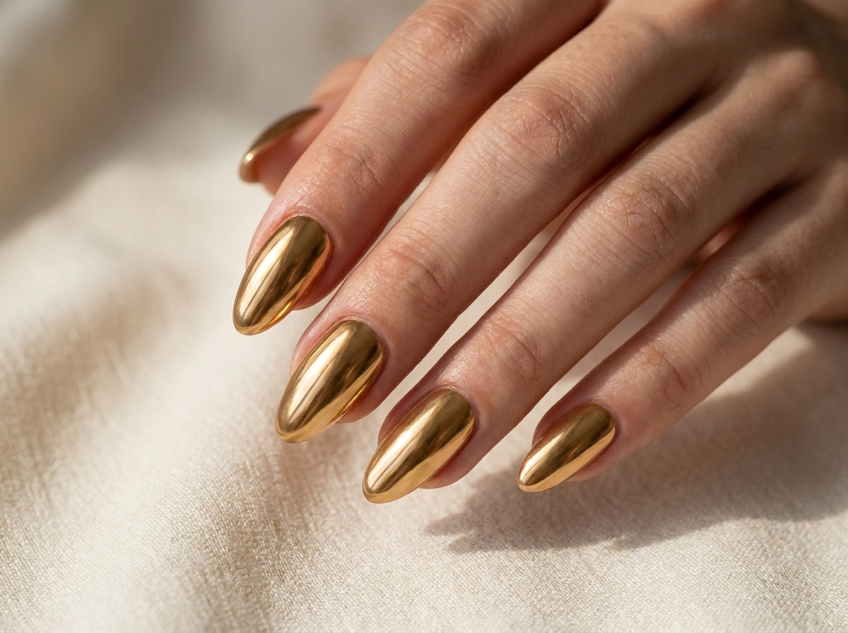A hand resting on cream fabric with smooth yellow-gold mirror nails.
