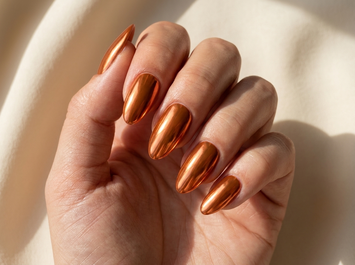 Almond nails with a bright orange-copper reflective finish.