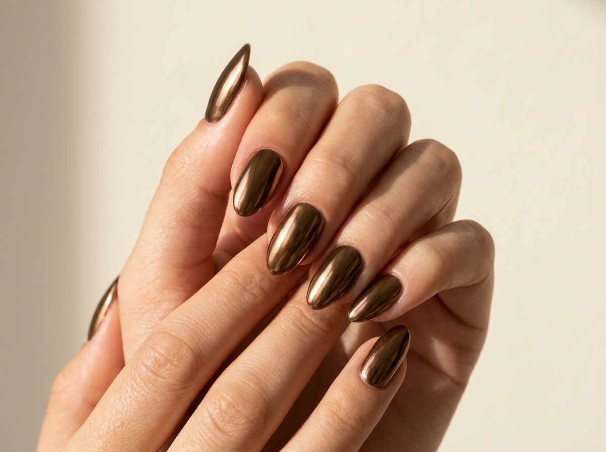 Two overlapping hands with deep bronze metallic almond nails.