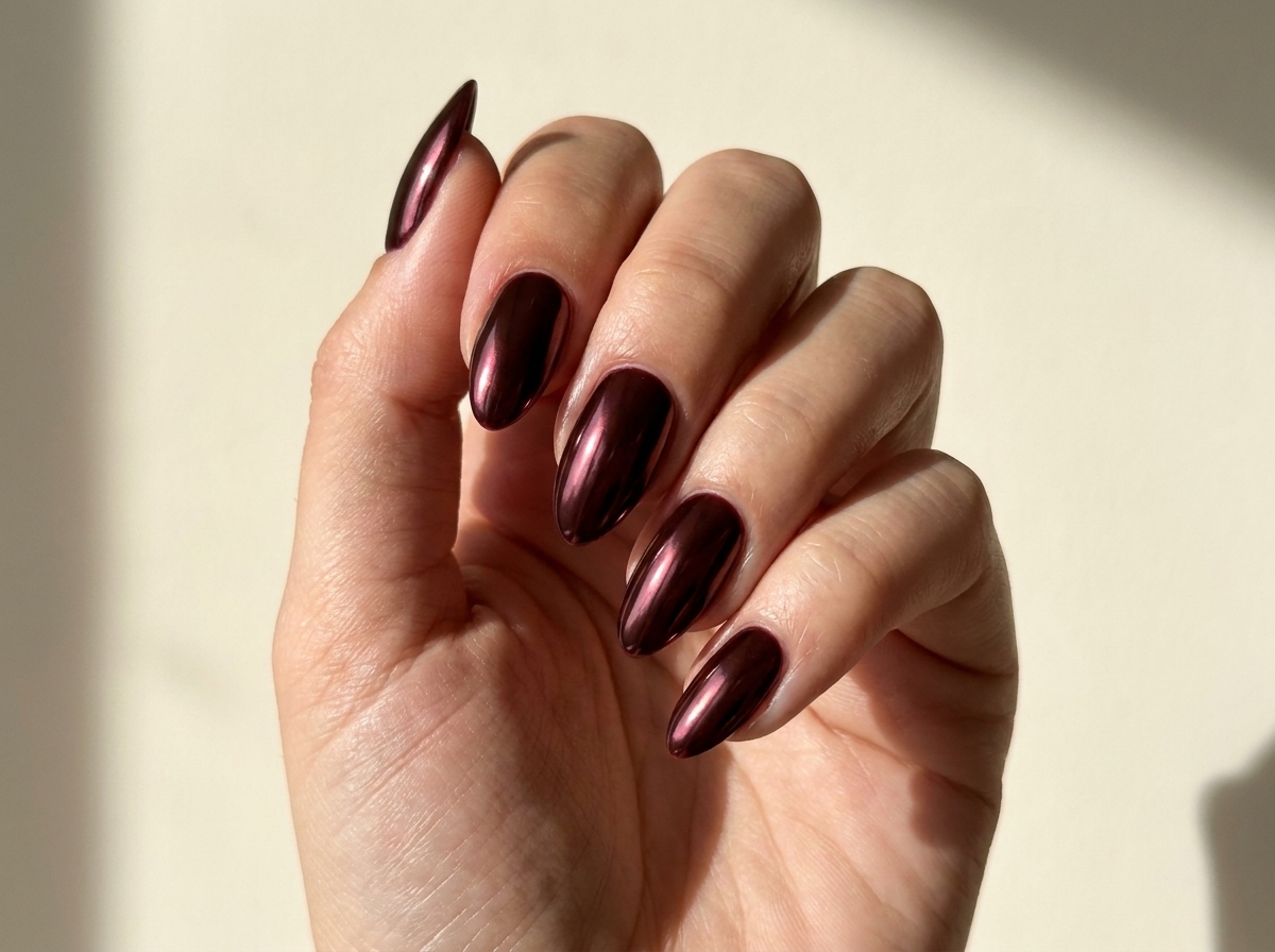 Deep burgundy almond nails with wine-red reflective highlights.