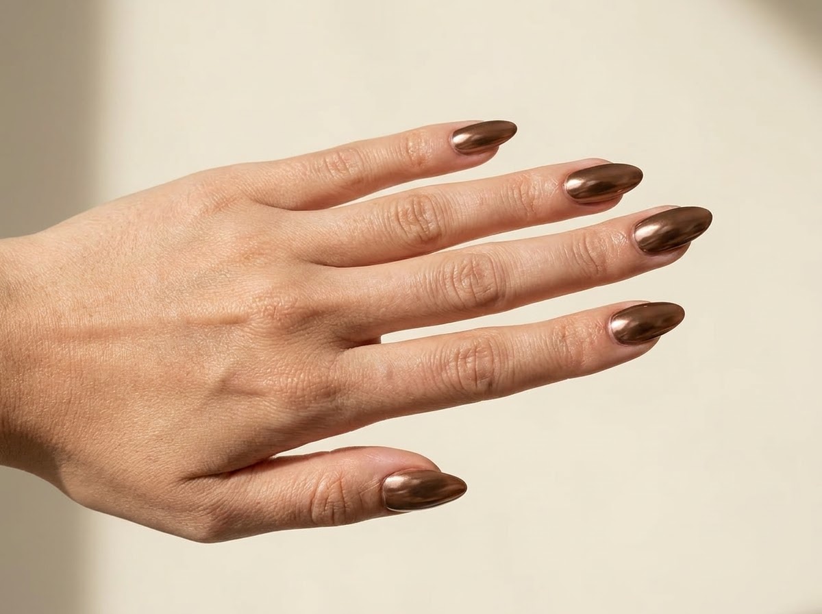 A relaxed hand with warm mocha brown chrome nails.