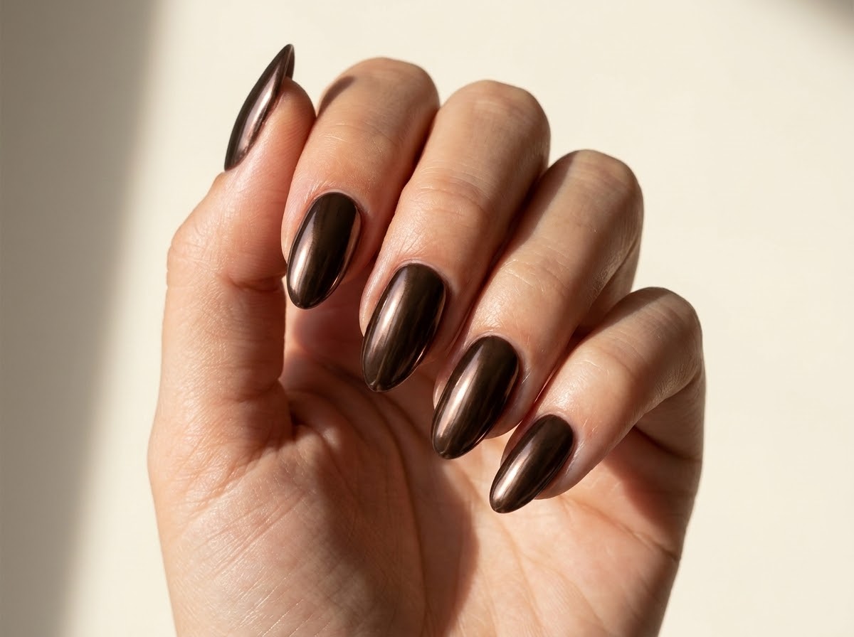 Dark chocolate brown almond nails with narrow bronze reflections.