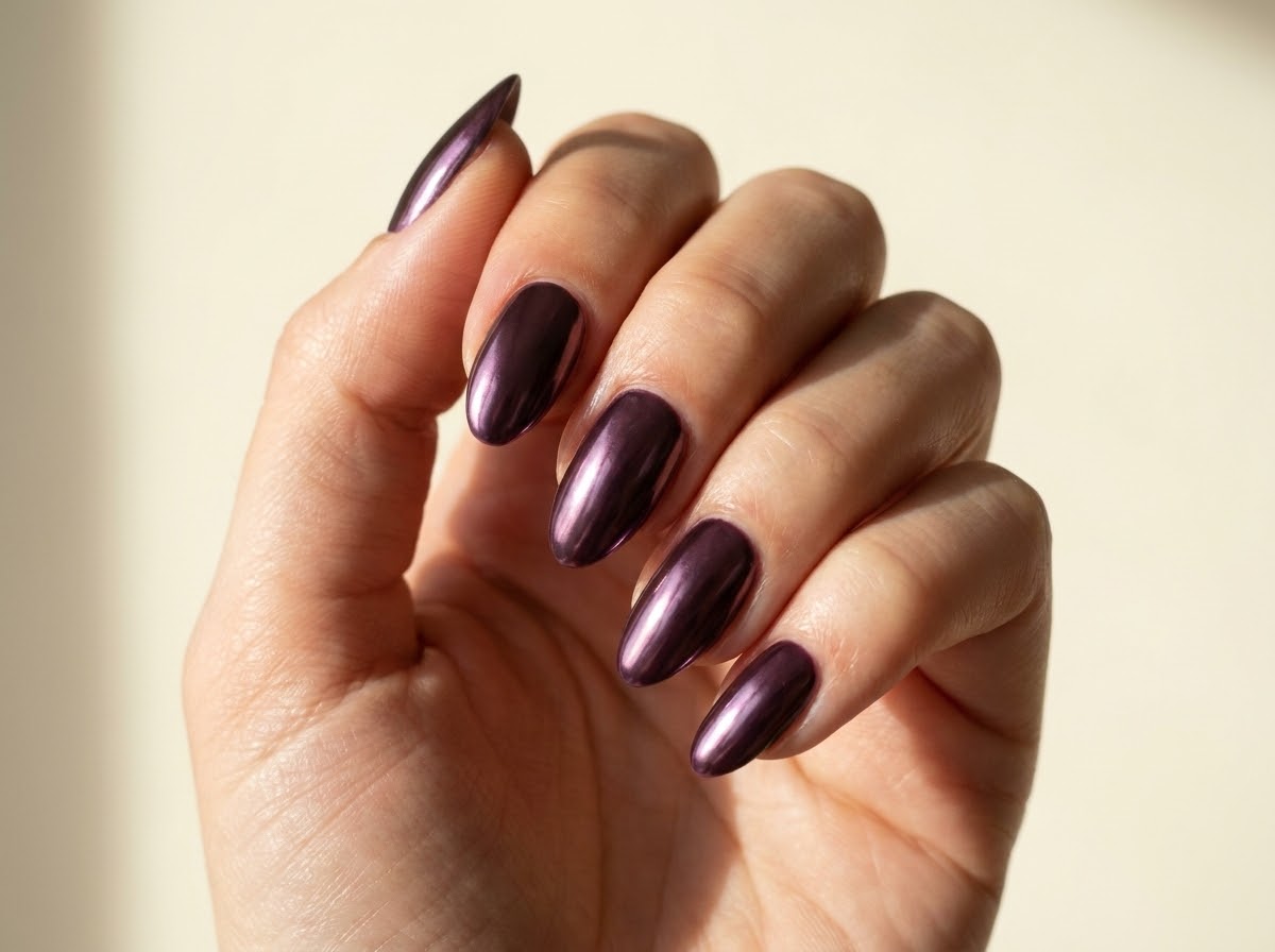 Dark plum almond nails with cool violet metallic highlights.