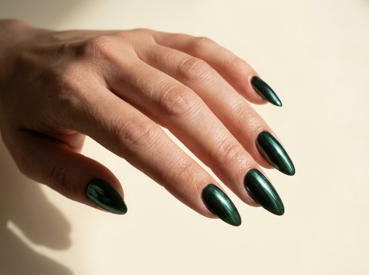 Deep green almond nails with blue-green reflective highlights.