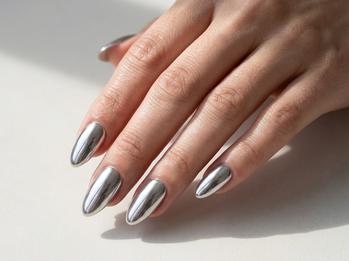 Almond nails with bright silver mirror reflections in daylight.