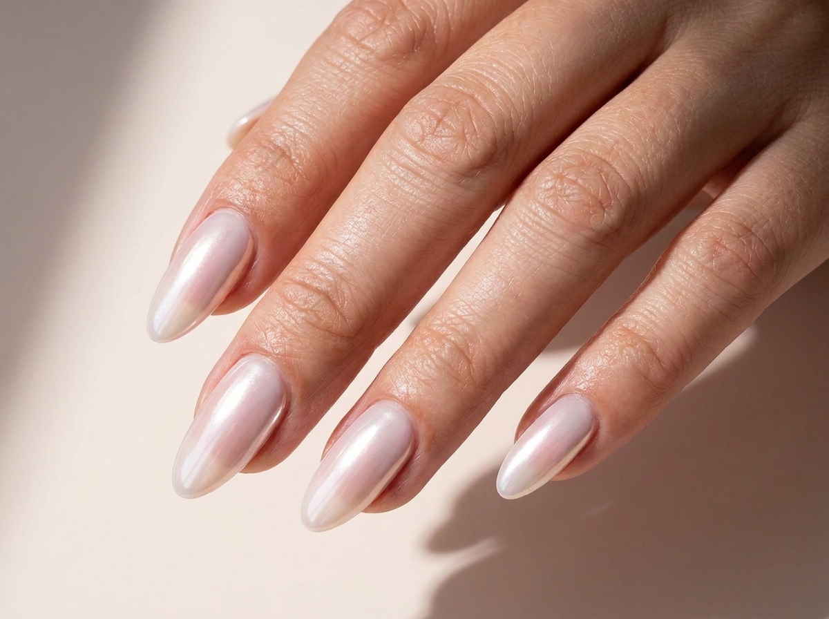 Milky pale pink almond nails with a soft white pearly sheen.