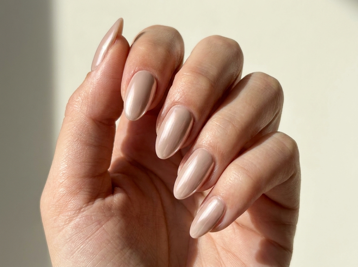 Beige-pink almond nails with a pale reflective nude finish.
